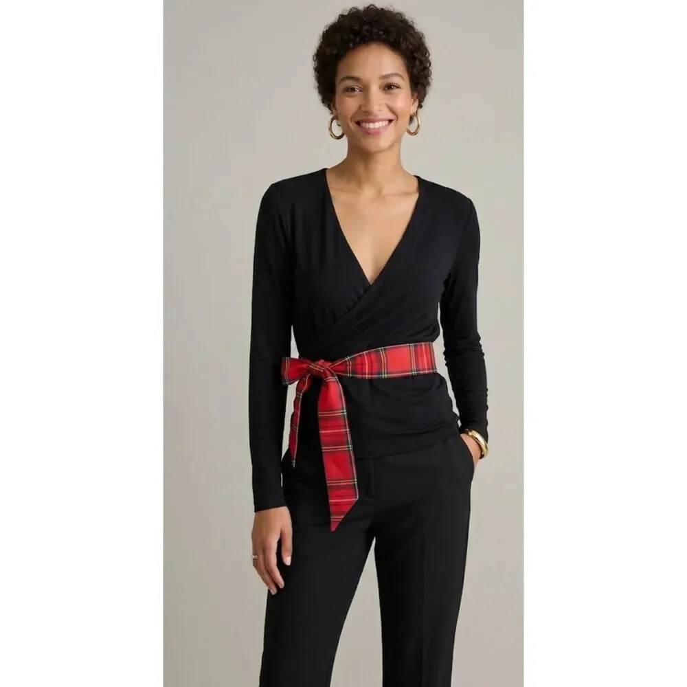 New J. Crew FormKnit Long Sleeve Plaid Tie Wrap Top Women's Size XL